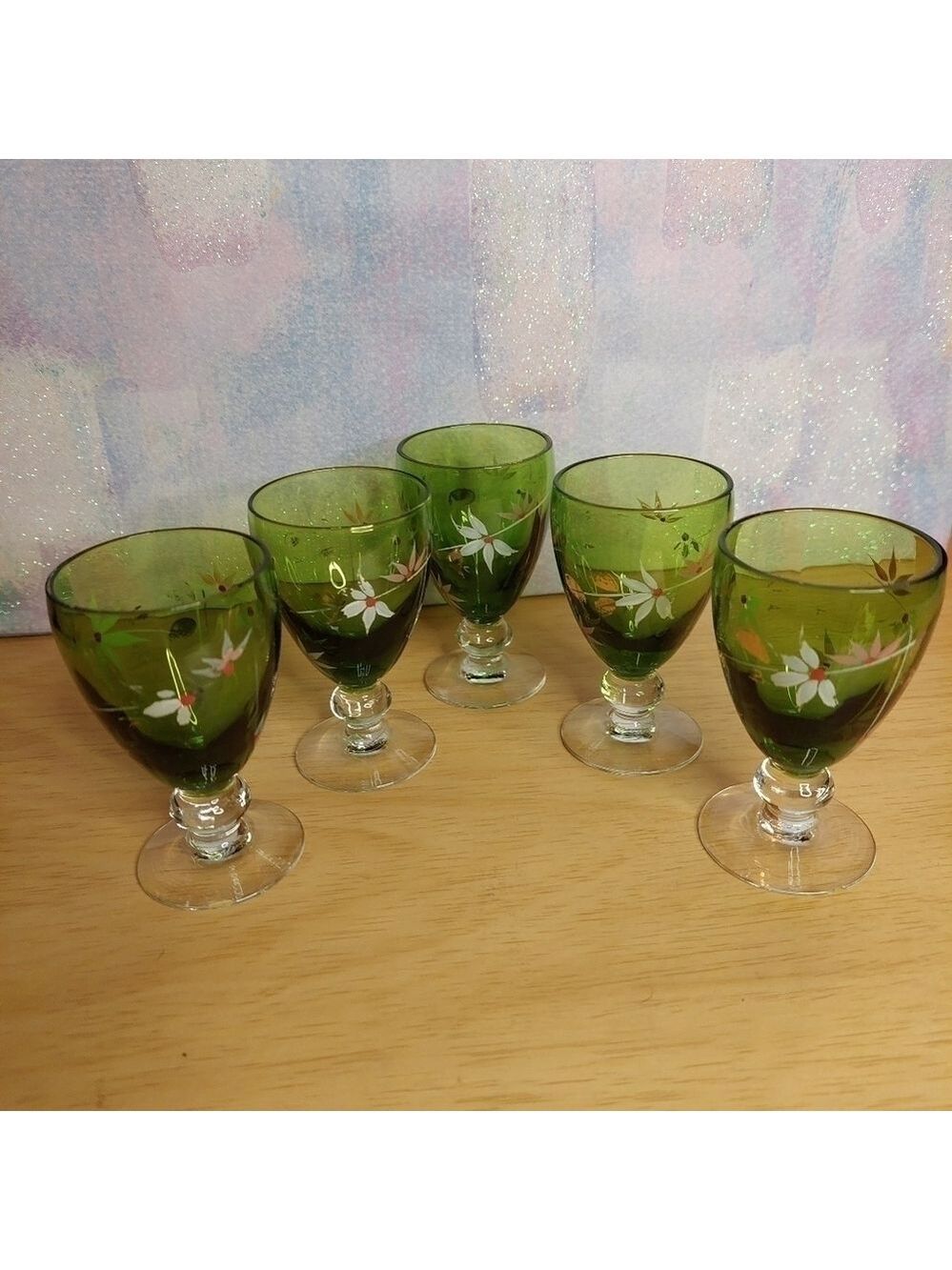 Vintage* 70s Set of 5 Clear Green Short Stem Liqueur/After-dinner Glasses